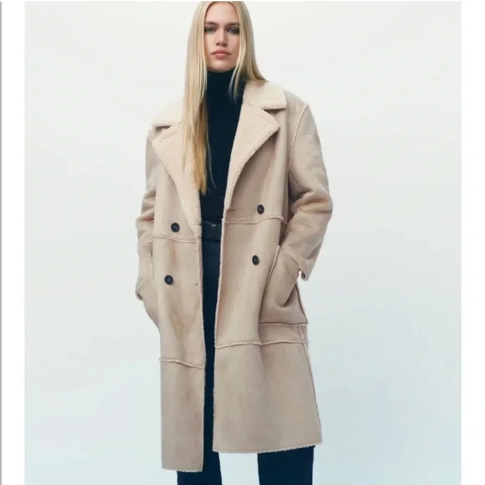 ZARA Contrasting Fleece Suede Long Coat Size Large - Picture 1 of 14